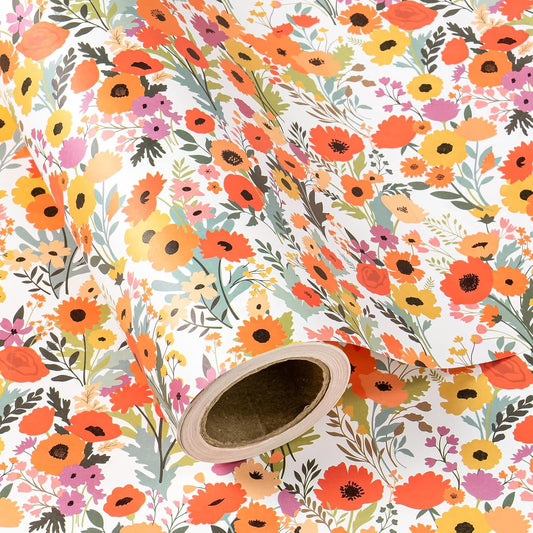 WRAPAHOLIC Kraft Floral Wrapping Paper Roll - Mini Roll - 17 Inch x 33 Feet - Bright Summer Flower Wrapping Paper, Perfect for Wedding, Birthday, Bridal Shower, Tea Party