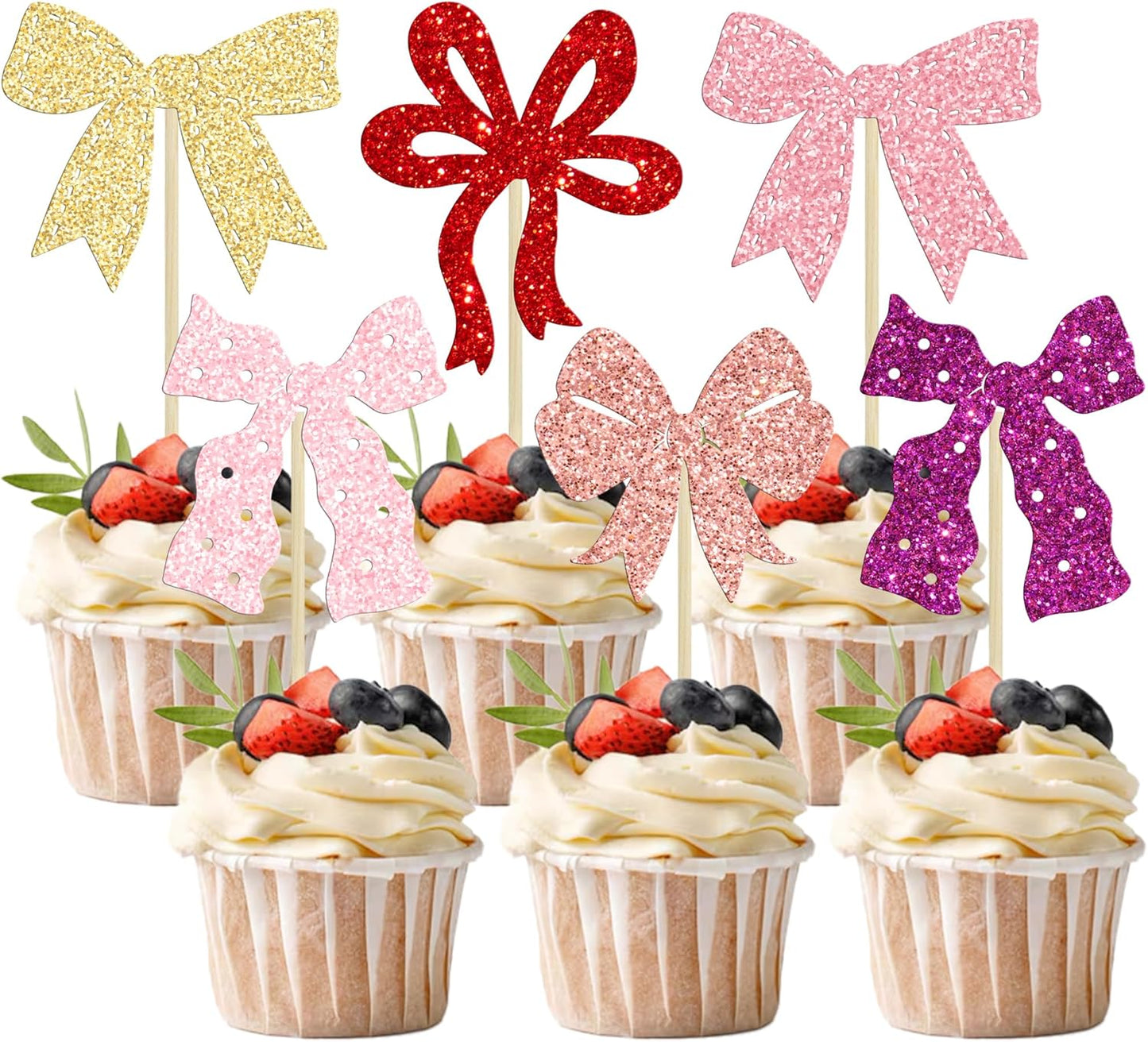Ephlyn 24Pcs Bow Cupcake Toppers Bow Birthday Cake Topper Girls Birthday Party Decorations Bowknot Cupcake Decorations for Bridal Baby Shower Birthday Wedding Themed Party Pink Gold Purple Rose Red