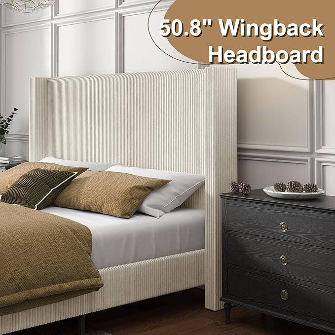 HOWE King Size Bed Frame with 50.8" Tall Wingback Headboard, Modern Corduroy - Image 5