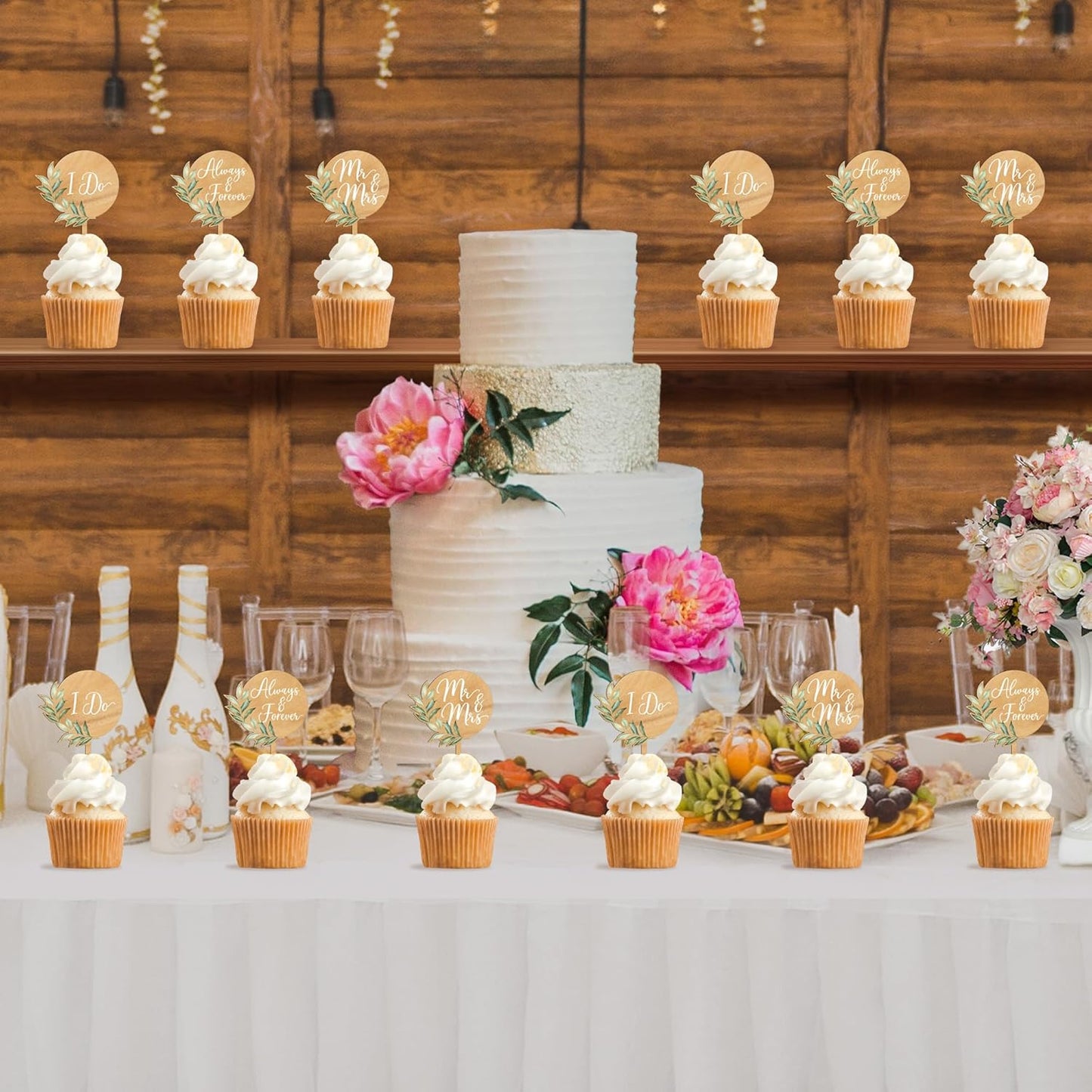 12 PCS Mr & Mrs Wedding Cupcake Toppers with Green Leaves Engagement Cake Decorations