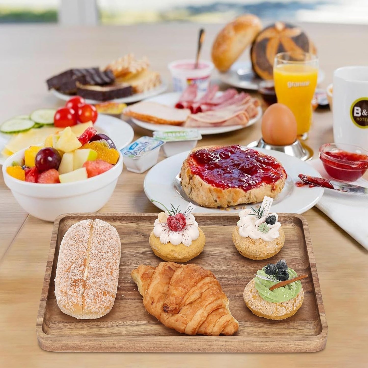 2 PCS Solid Acacia Wood Serving Trays 13 * 9 inch Rectangular Wooden Serving Platters Natural Wooden Boards for Bar Coffee Party（Wood Log Color）