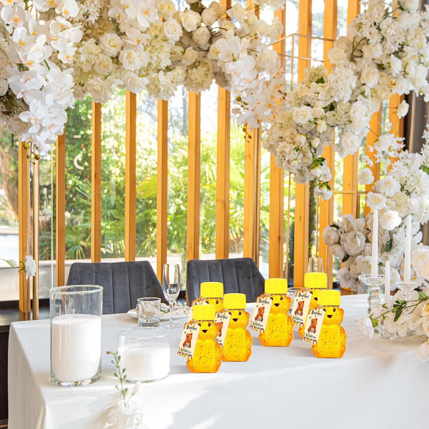 96 Sets 2 oz Plastic Honey Bear Bottle Bear Shape Clear Empty Honey Jar 96 Tags 2 Rolls Jute Rope Honey Containers Empty Honey Dispenser for Baby Shower Party Favors Gifts (Yellow Lid)