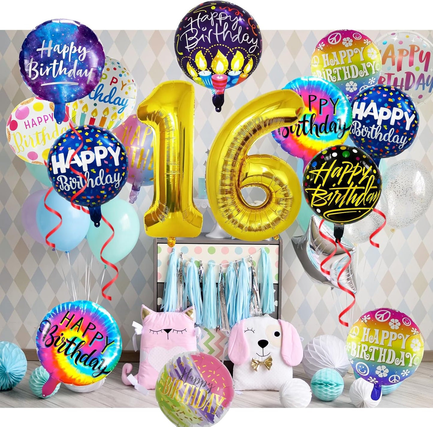 50 Pcs Happy Birthday Party Aluminum Foil Balloons and 16th Birthday Balloons, 18 Inch Round Aluminum Foil Balloon with" Happy Birthday" Sign, Birthday Party Decorations for Boys/Girls(Yellow, 16)