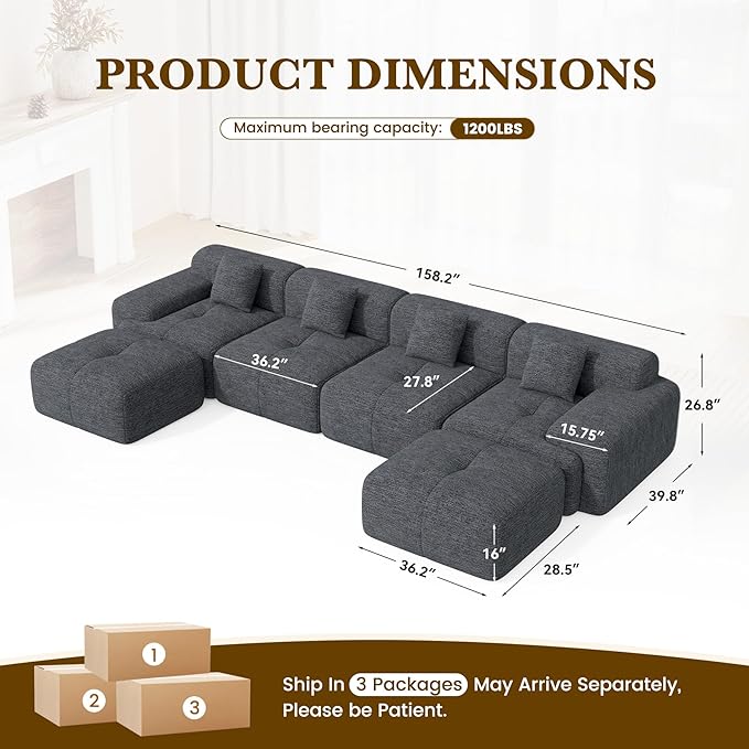 158" U Shaped Convertible Modular Couch, Cloud Couch Sectional - Image 2