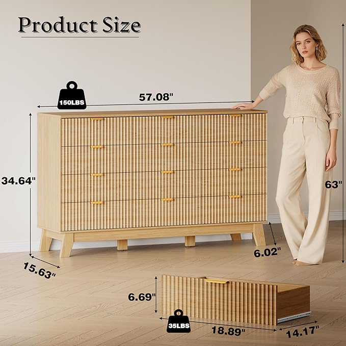 BORNOON 57" Wide Dresser for Bedroom, 12-Drawer Fluted Dresser - Image 2