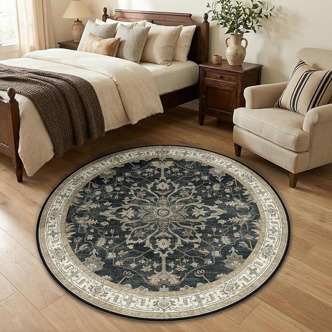 RELEANY Area Rugs Round 4ft Washable Non-Slip, Floral Vintage Distress Print - Image 2
