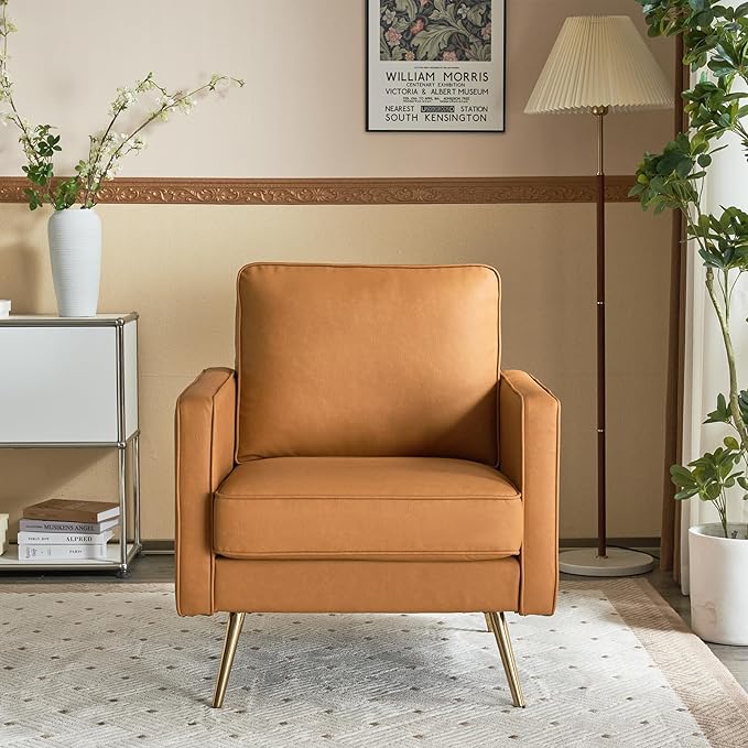 VINGLI PU Leather Accent Chair Brown Mid Century Modern Upholstered Sofa Chairs - Image 8