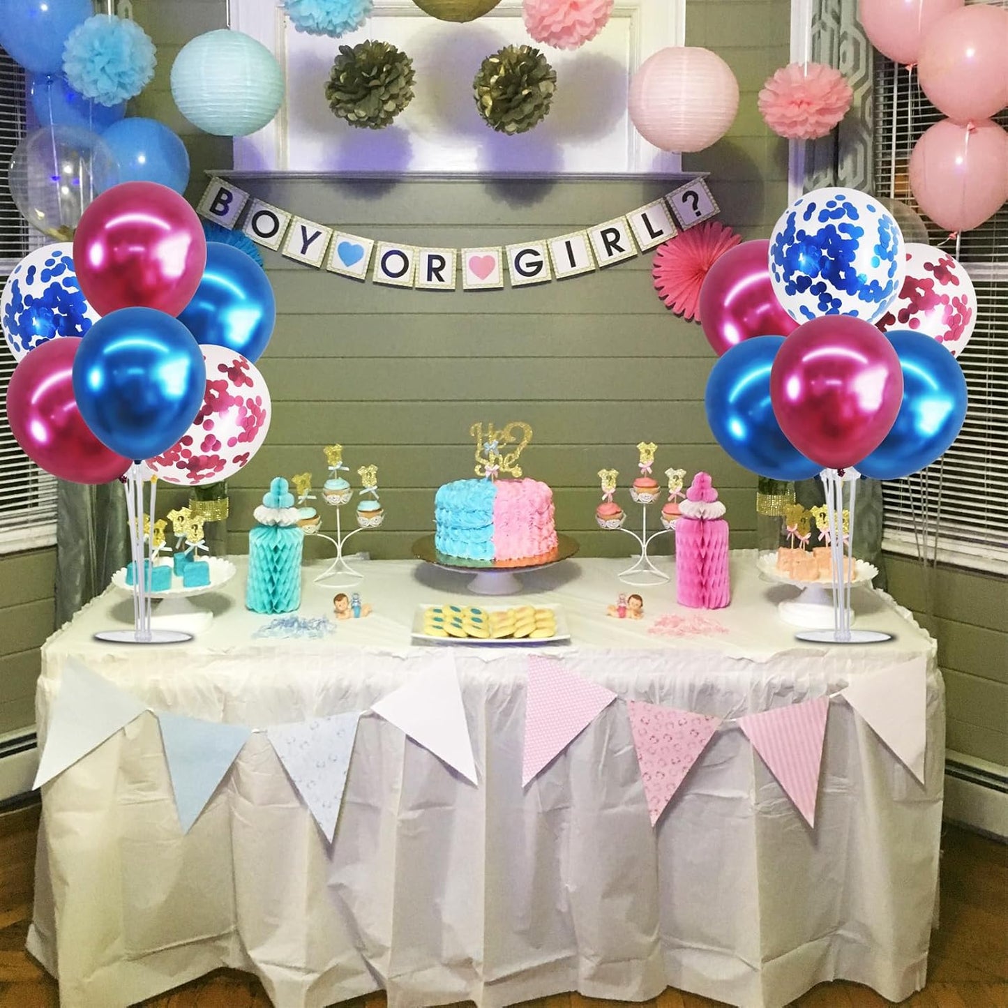 TONIFUL 4 Set Metallic Blue and Rose Red Balloon Stand Centerpiece Table Decorations for Baby Shower Wedding Engagement Bridal Shower Anniversary Mother's Day Birthday Party Decorations