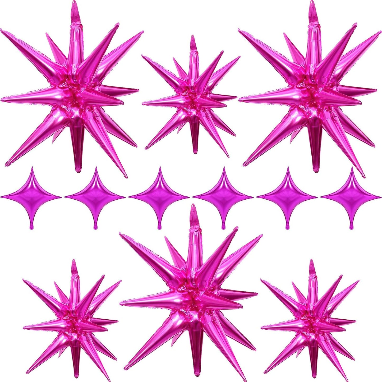 Hot Pink Star Balloons 12pcs, 27/22 Inch Foil Star Explosion Balloons, Large Spike Mylar Cone Balloon, Fireworks Shape Balloon for Wedding Engagement Baby Bridal Shower Valentine's Day