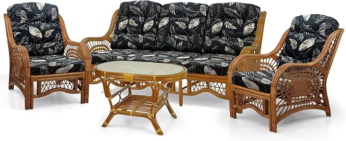 Malibu Lounge Set of 4: 2 Natural Rattan Wicker Chairs, Three-Seater Sofa and - Image 2
