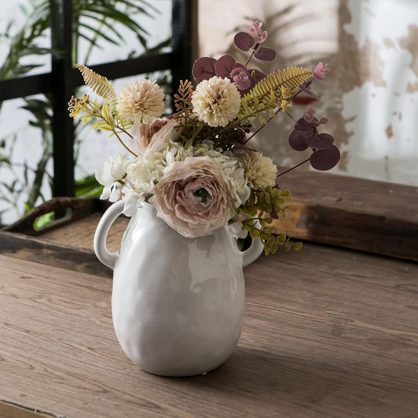White Ceramic Vase with 2 Handles for Modern Farmhouse Home Decor, Vintage Rustic Decorative Vases, Small Vase for Fresh and Dried Flowers, Centerpiece Table Decorations, 7 Inch