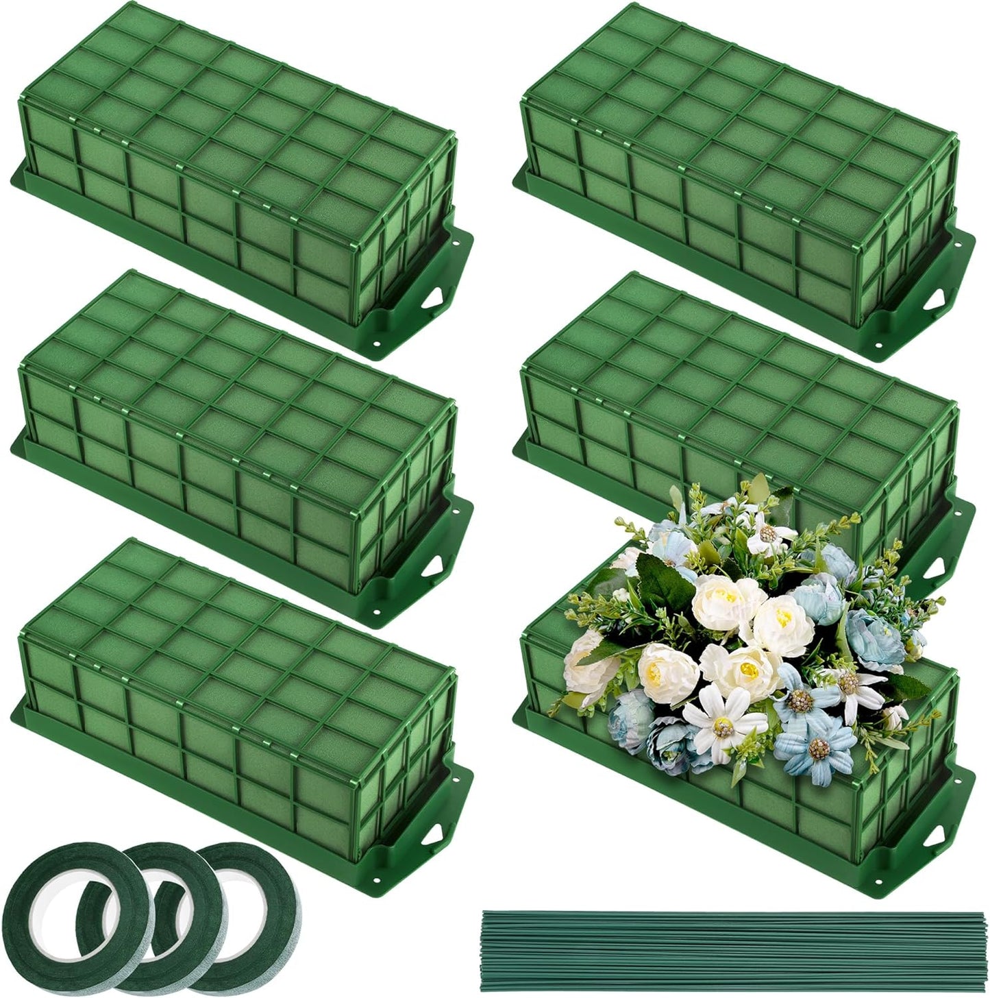Aodaer 6 Pieces Floral Foam Cage with Floral Foam for Fresh and Artificial Flowers Rectangle Dry and Wet Flower Cage Bowl Holder for Wedding, Home and Garden Arrangement Decorations