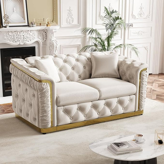 62.2" Luxury Velvet Chesterfield Sofa Tufted Victorian Black and Gold Couch by Nolohoo