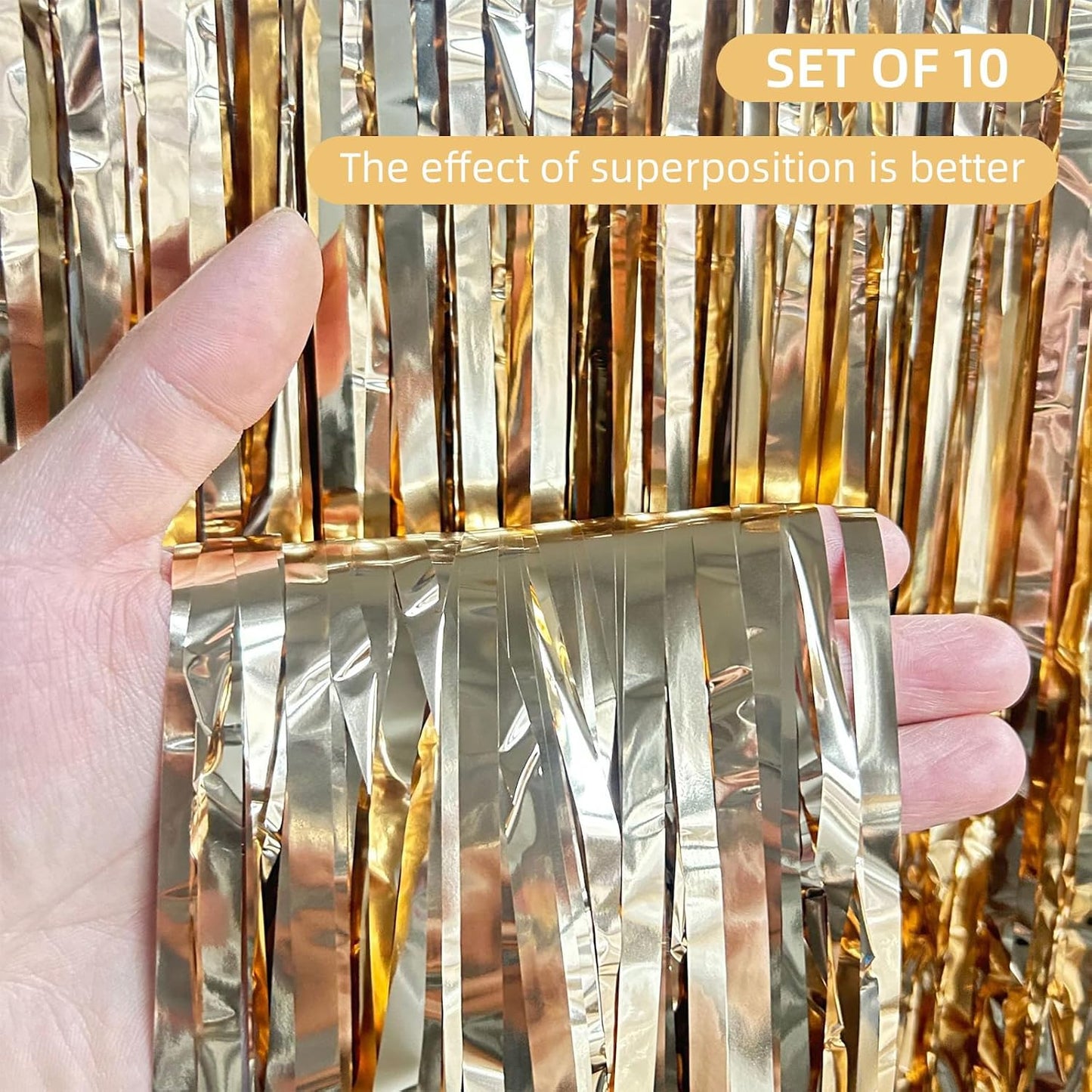 10 Pack Champagne Gold Backdrop Curtain 3.2ft x 8.2ft Metallic Tinsel Foil Fringe Curtains Photo Booth Background for Birthday Party Decoration Engagement Wedding Christmas Decor (Champagne Gold)