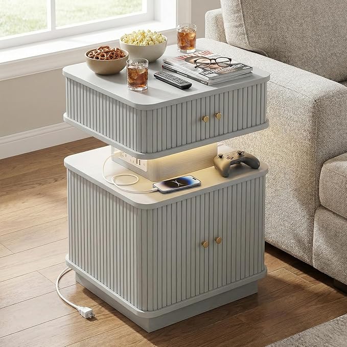 Nightstand with Charging Station, Modern Night Stand with Smart Led Light and 2 - Image 6