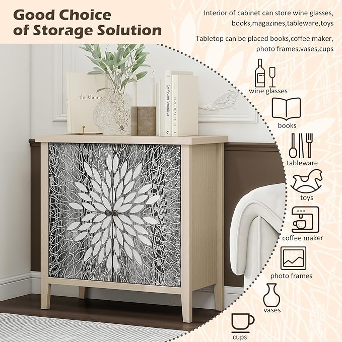 Black Accent Furniture, 32 Inch Wide 2-Door Carved Geometric Sideboard Buffet - Image 3