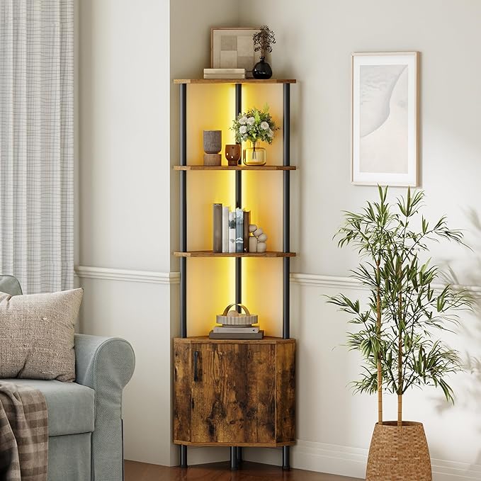 HOOBRO Corner Cabinet with LED Light, Corner Shelf Stand with Storage and Doors - Image 3