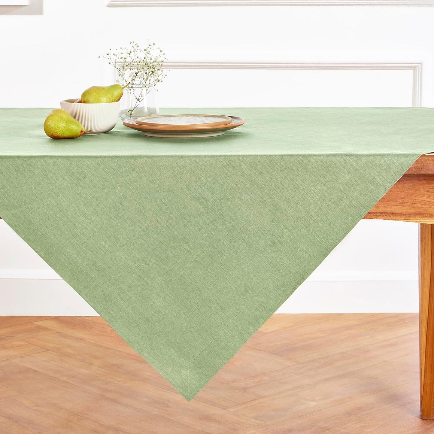 Solino Home Linen Tablecloth 52 x 52 Inch - 100% Pure Linen Laurel Green Square Tablecloth - Fete, Machine Washable Table Throw for Fall, Autumn, Thanksgiving