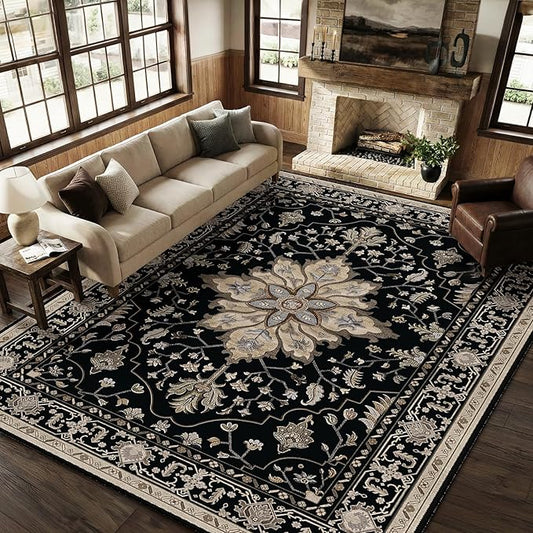 RELEANY Area Rugs 8'x10' Washable Non-Slip, Floral Vintage Distress Print by RELEANY
