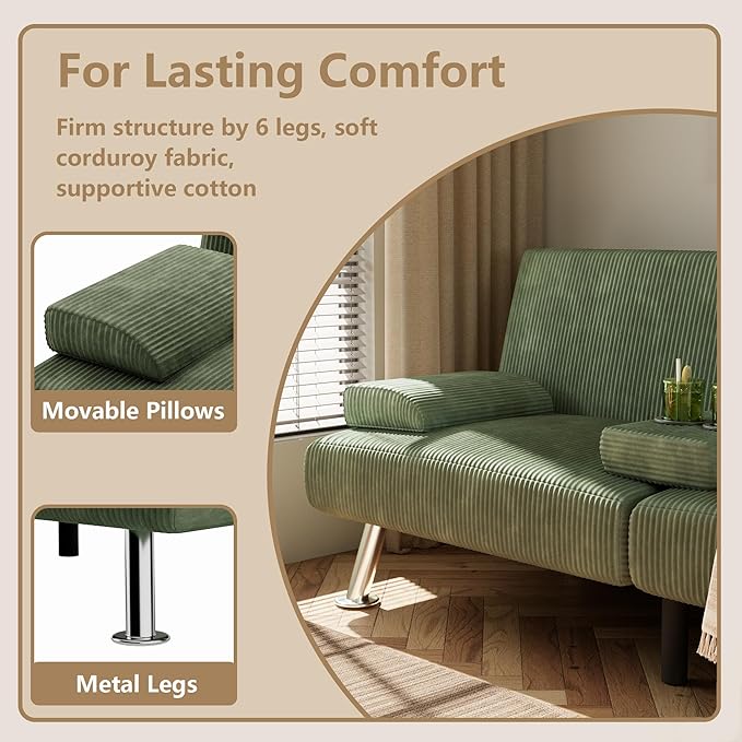 Flamaker Futon Sofa Bed Corduroy Folding Couch Adjustable Sleeper Sofa Bed - Image 6