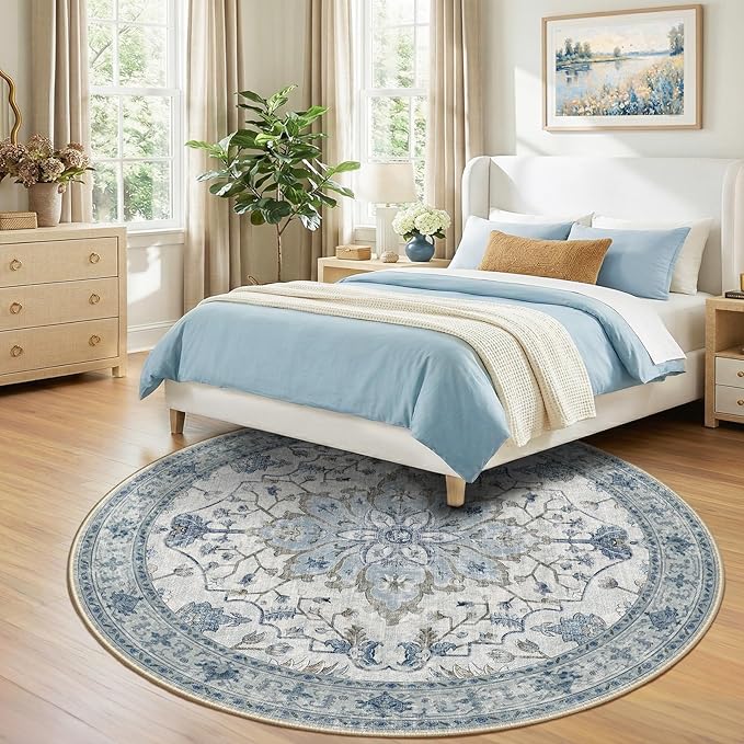 RELEANY Area Rugs Round 8ft Washable Non-Slip, Floral Vintage Distress Print - Image 3