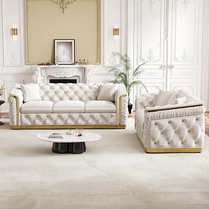 Luxury Chesterfield Sofa Set of 2, Velvet Tufted Couch Victorian Black and Gold - Image 8