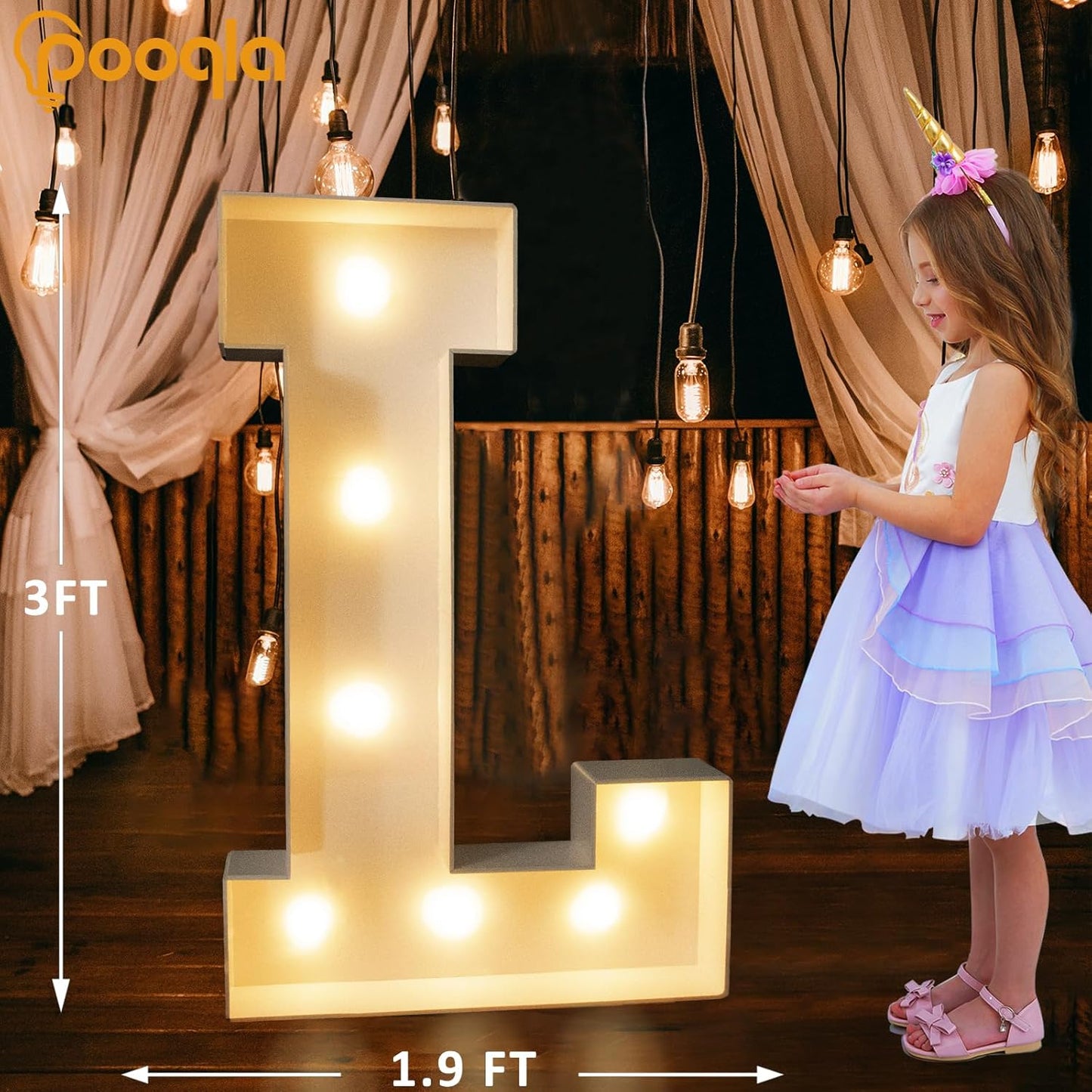 Pooqla 3FT Light Up Marquee Letters, Cool White and Warm White LED Large Lighted Marquee Letters, Giant Mosaic Letter Sign for Balloons Birthday Anniversary Wedding Party Decoration, LED Letter L