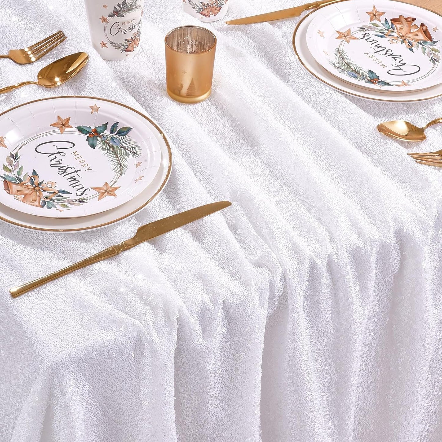 QueenDream White Sequin Tablecloth Rectangle 90 x 156 Inch Table Cloth for Wedding Bridal Shower Party Decorations