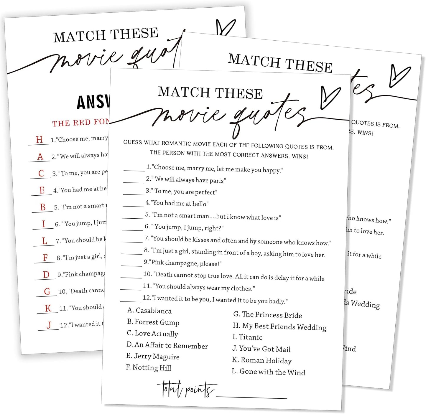 Fun Bridal Shower Games Set 25 Wedding Games Cards with 1 Answer Card Match Movie Quotes for Minimalist White Newlywed Party Entertainment Supplies - A02