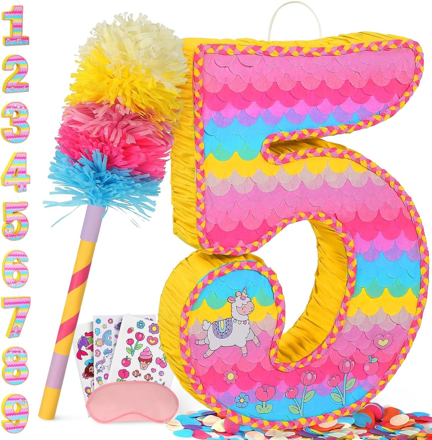 Number 5 Pinata for Birthday Party Decorations, Unicorn Mermaid Theme Pink Piñata Games Toy (5th)