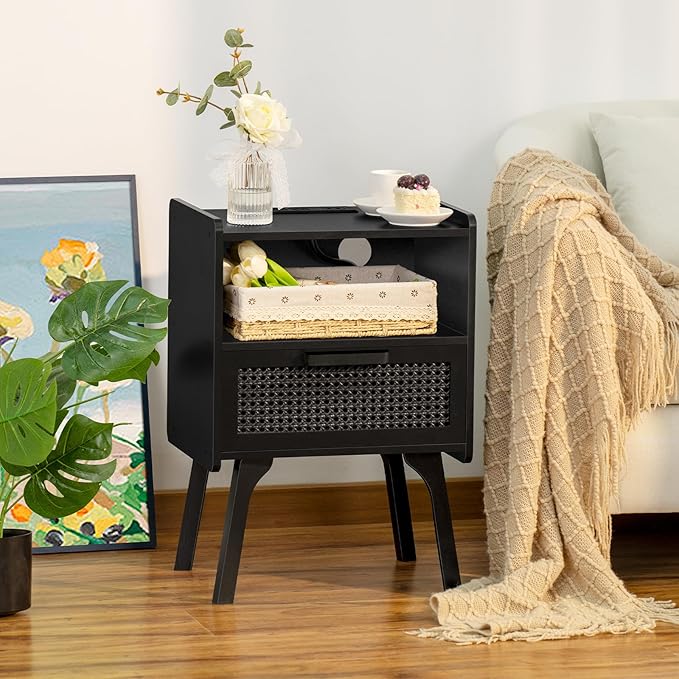 Lerliuo Rattan Nightstand with Charging Station, Side Table with Drawer Open - Image 2