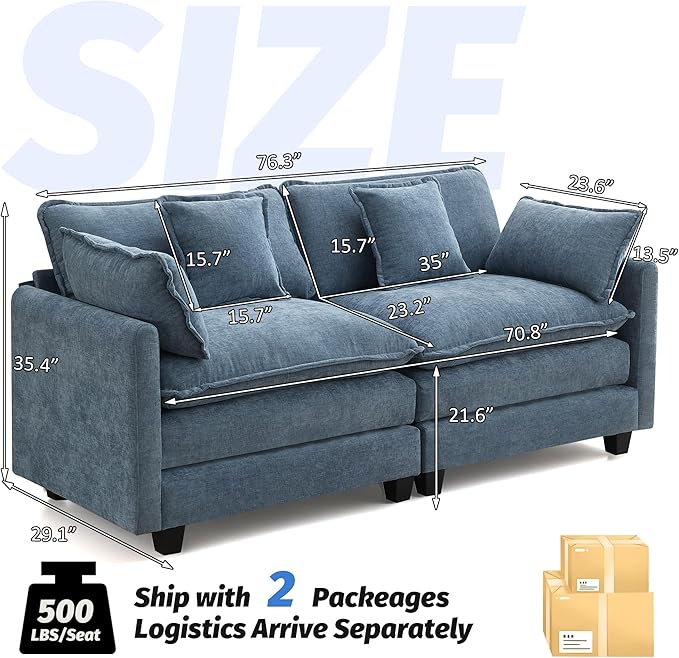 76'' Cloud Deep Seat Loveseat, Upholstered Chenille Modular 2-Seats Sectional - Image 2
