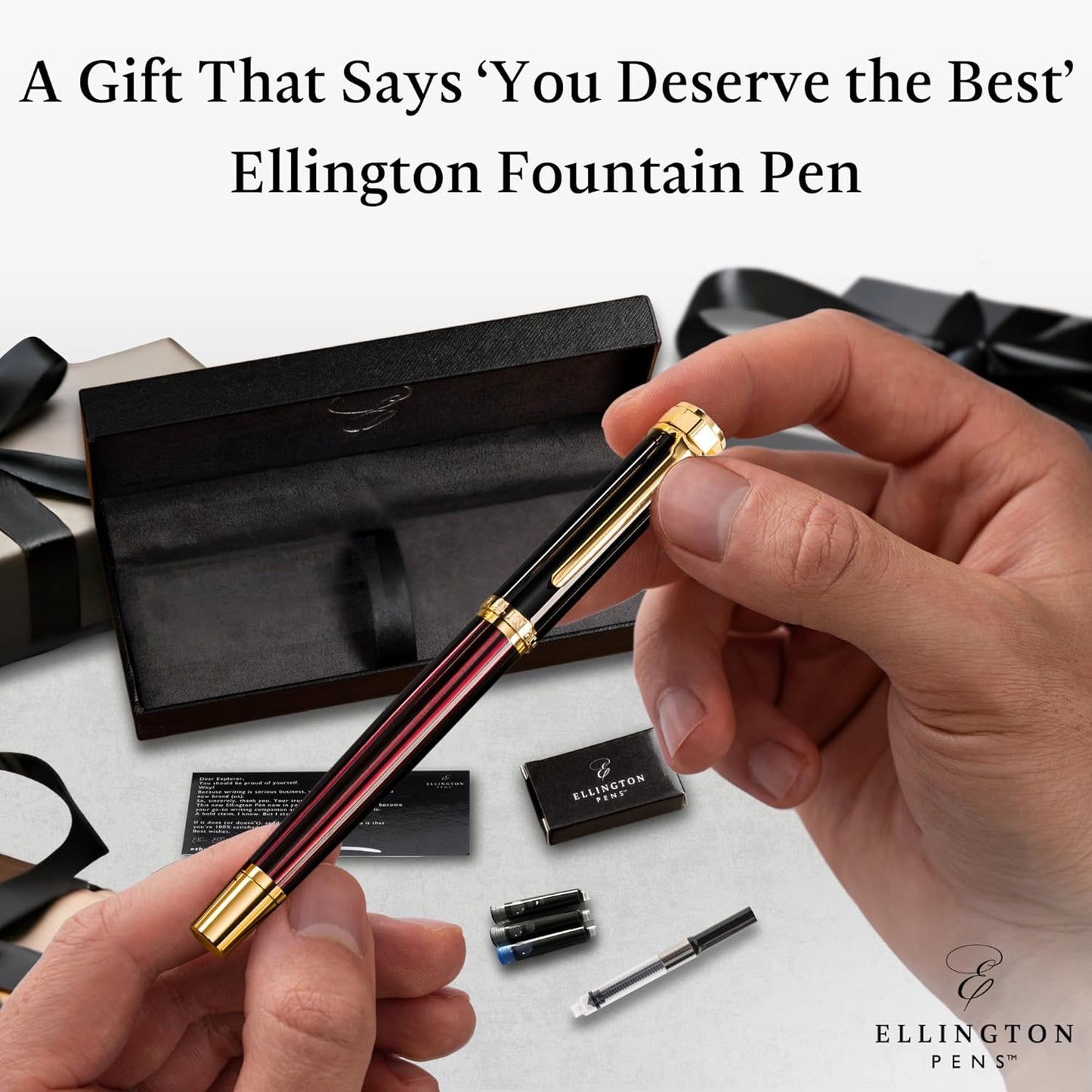 Ellington Pens Luxury Fountain Pen Set- Fountain Pens for Writing - Smooth Medium Nib - Includes Refillable Ink Converter, 3 Ink Cartridges [Black & Blue], Gift Box - Elegant Calligraphy
