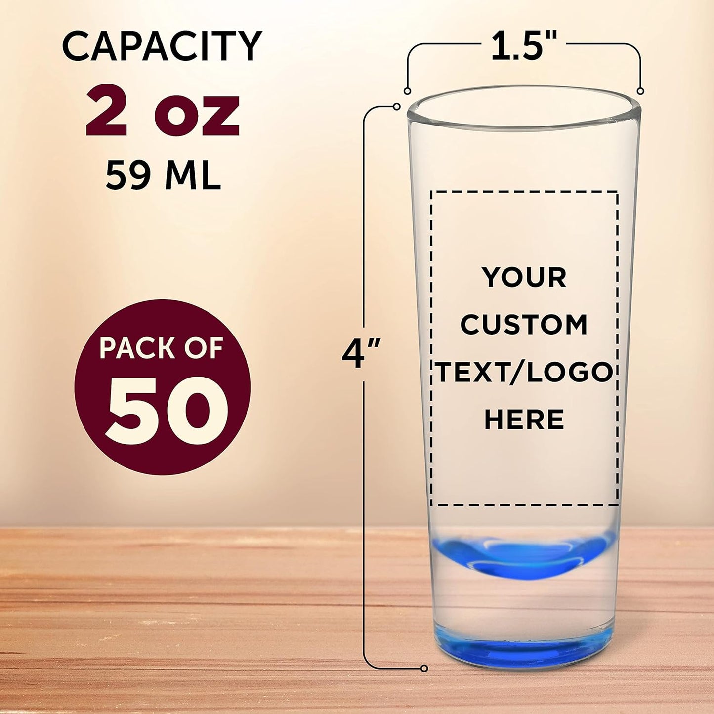 Custom Cordial Shooter Shot Glasses 2 oz. Set of 50, Personalized Bulk Pack - Great for Birthdays, Parties, Indoor & Outdoor Events - Blue