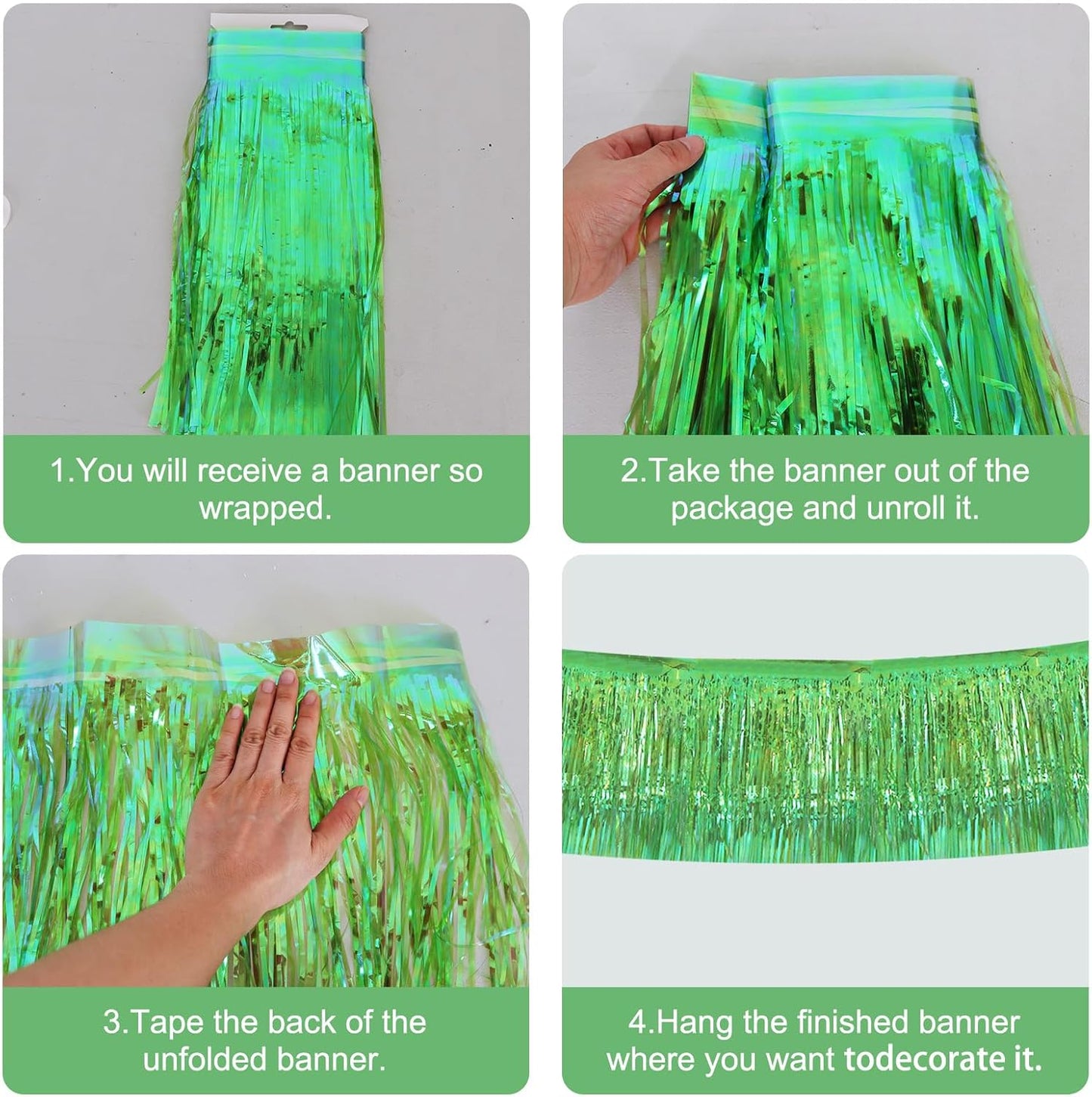 BEISHIDA 3 Packs Metallic Foil Fringe Garland Shining Green Wall Hanging Tinsel Fringe Banners for Car Floats Bridal Shower Wedding Birthday Easter Graduation Holiday Party Decoration(30 Feet)