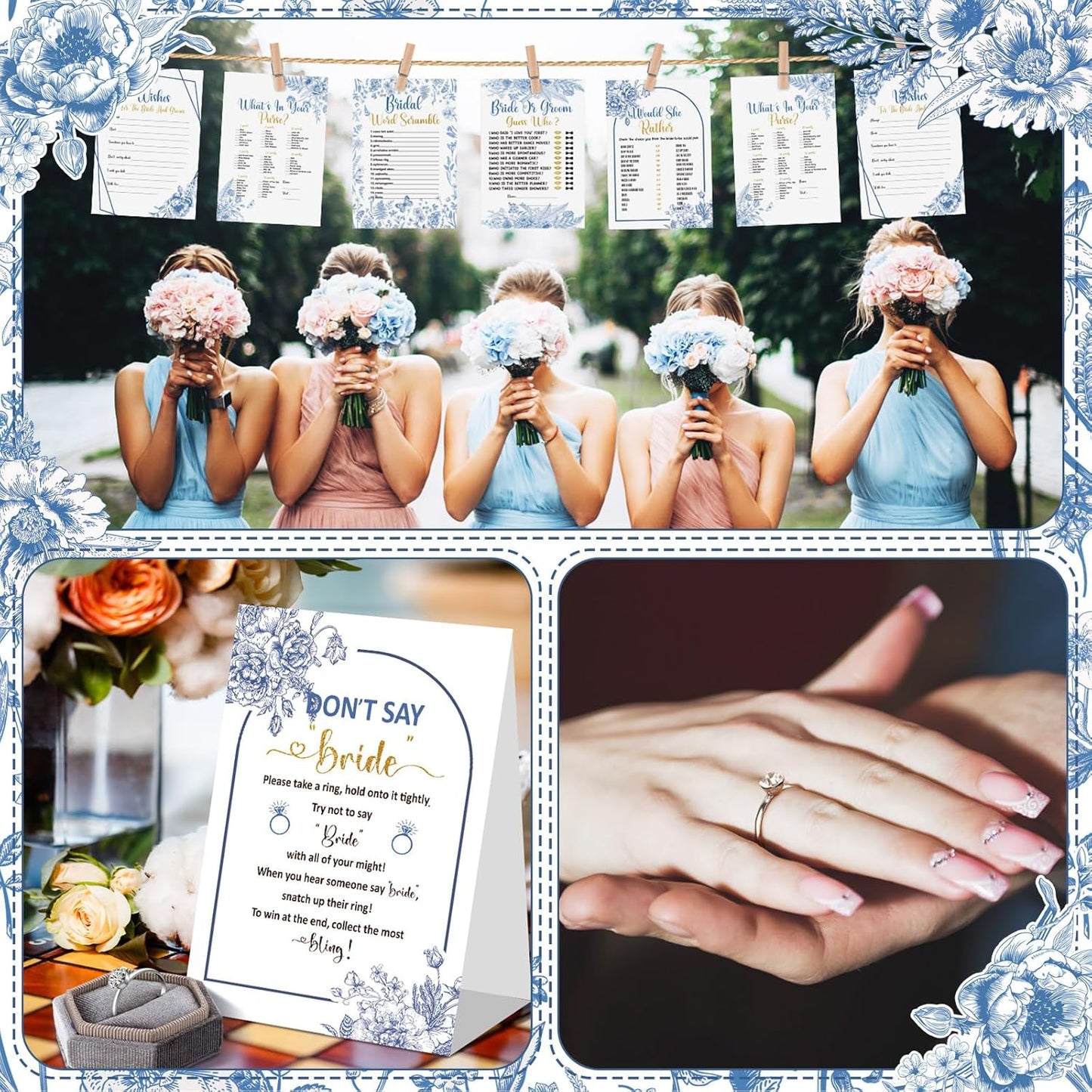 Estune 331 Pcs Bridal Shower Games Supplies, 5 Sets 250 Pcs Wedding Games Cards, 60 Pcs Rings, 20 Pcs Pencils (Blue Floral Style)