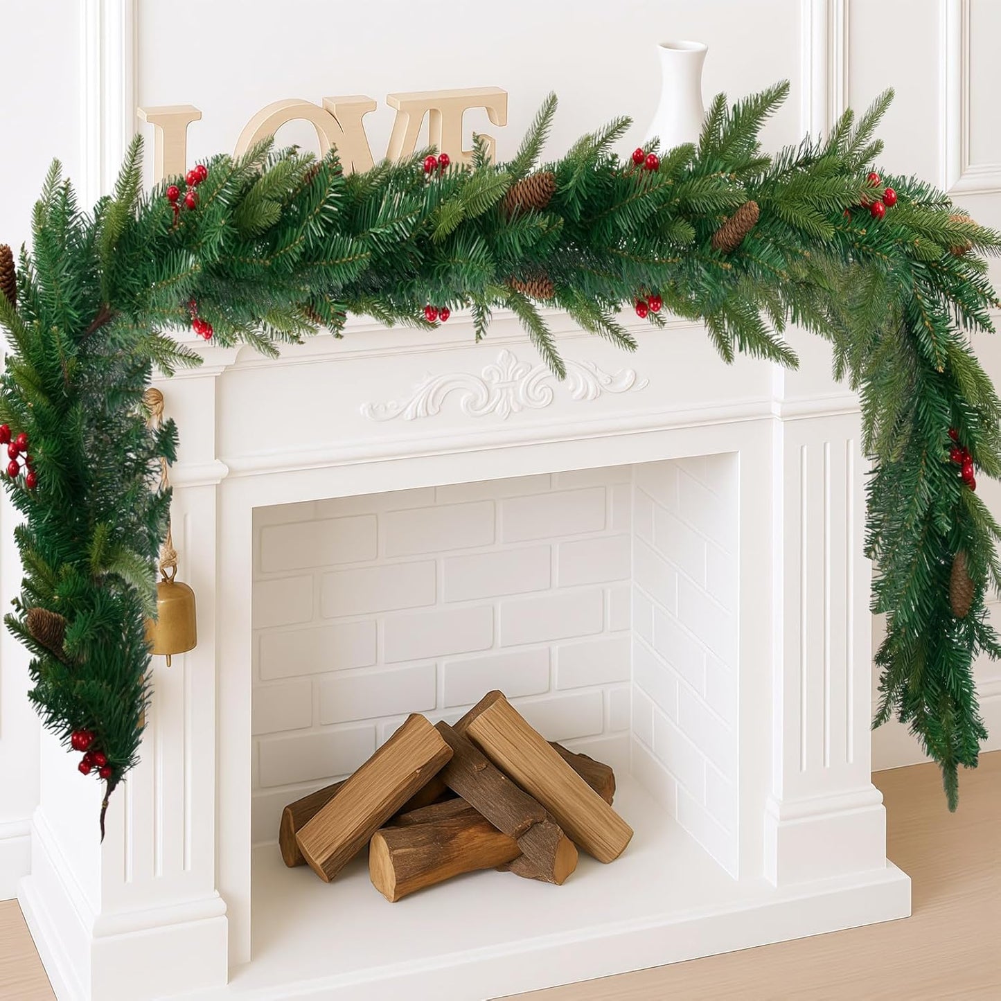 6FT Christmas Garland Artificial Norfolk Pine Tree Greenery, Cedar Cypress with Red Berries Pine Cones, Realistic Winter Holiday Mantel Fireplace Door Table Decor, Indoor Outdoor