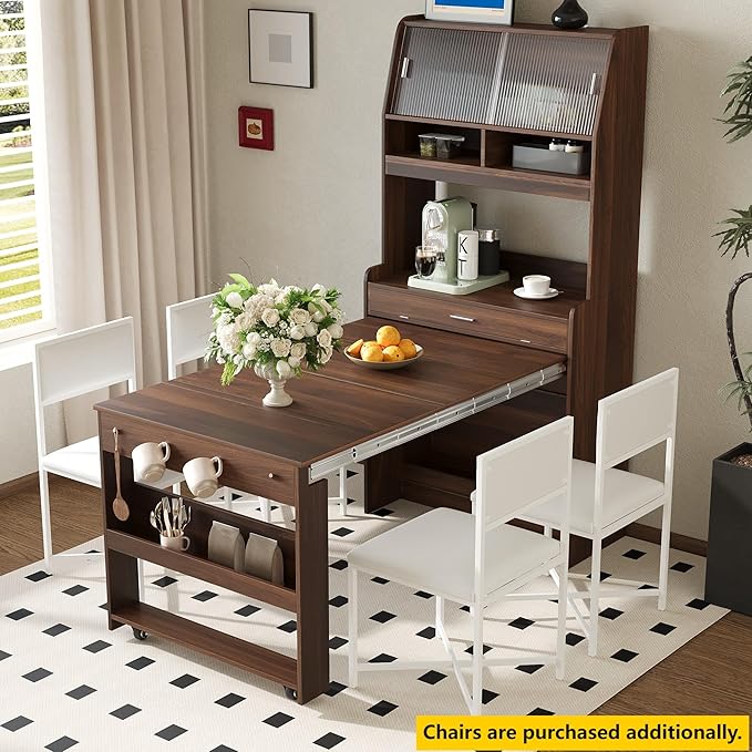 Compact Buffet with Hutch and Foldable Dining Table, 2-in-1 Buffet - Image 3