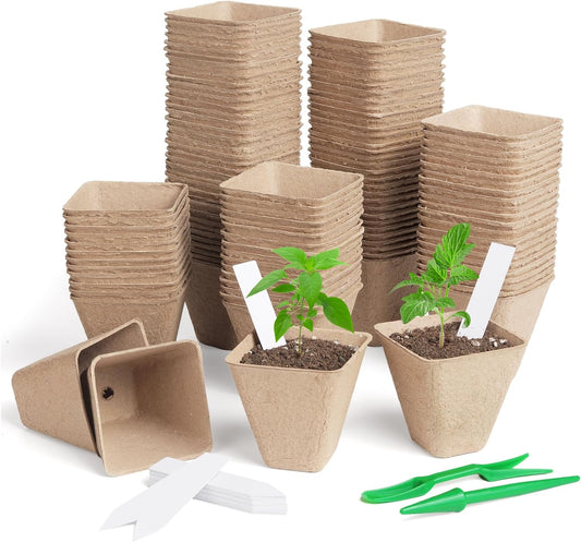 Square Peat Nursery Pots 150 Pcs 3in Biodegradable and Label, Used for Outdoor Gardens in Plant Nurseries