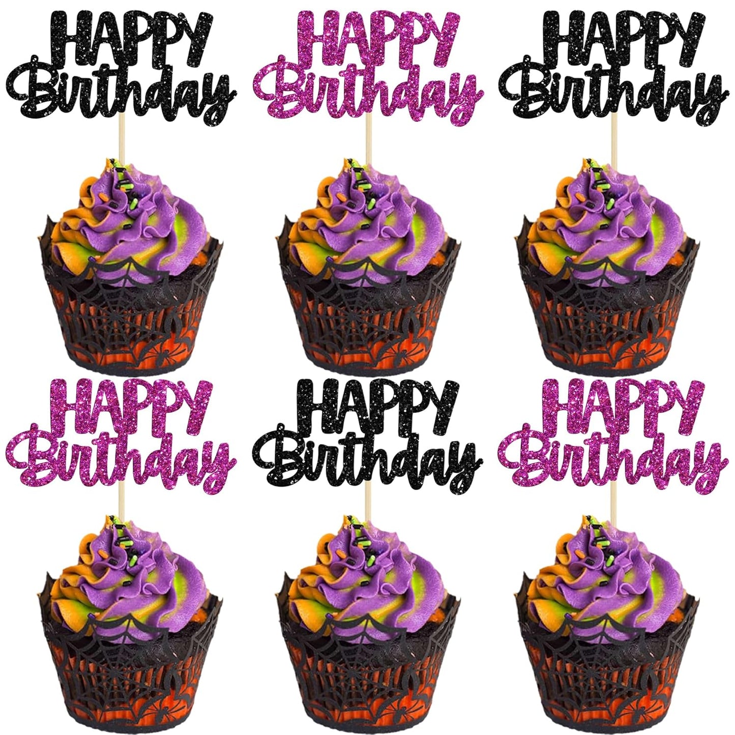 Gyufise 24Pcs Happy Birthday Cupcake Toppers Glitter Birthday Cake Topper Decorations for Celebrating Halloween Theme Party Decorations Supplies Black Purple