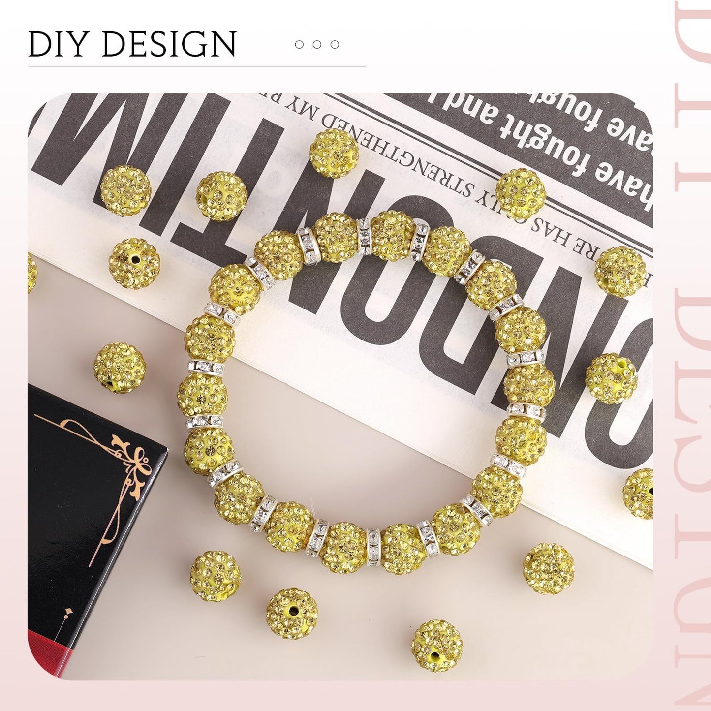 100pcs 10mm Rhinestone Beads for Jewelry Making, Light Yellow Shiny Round Shamballa Disco Beads Bulk, Sparkle Crystal Clay Christmas for Bracelet Baseball Necklace Earring Crafting and DIY