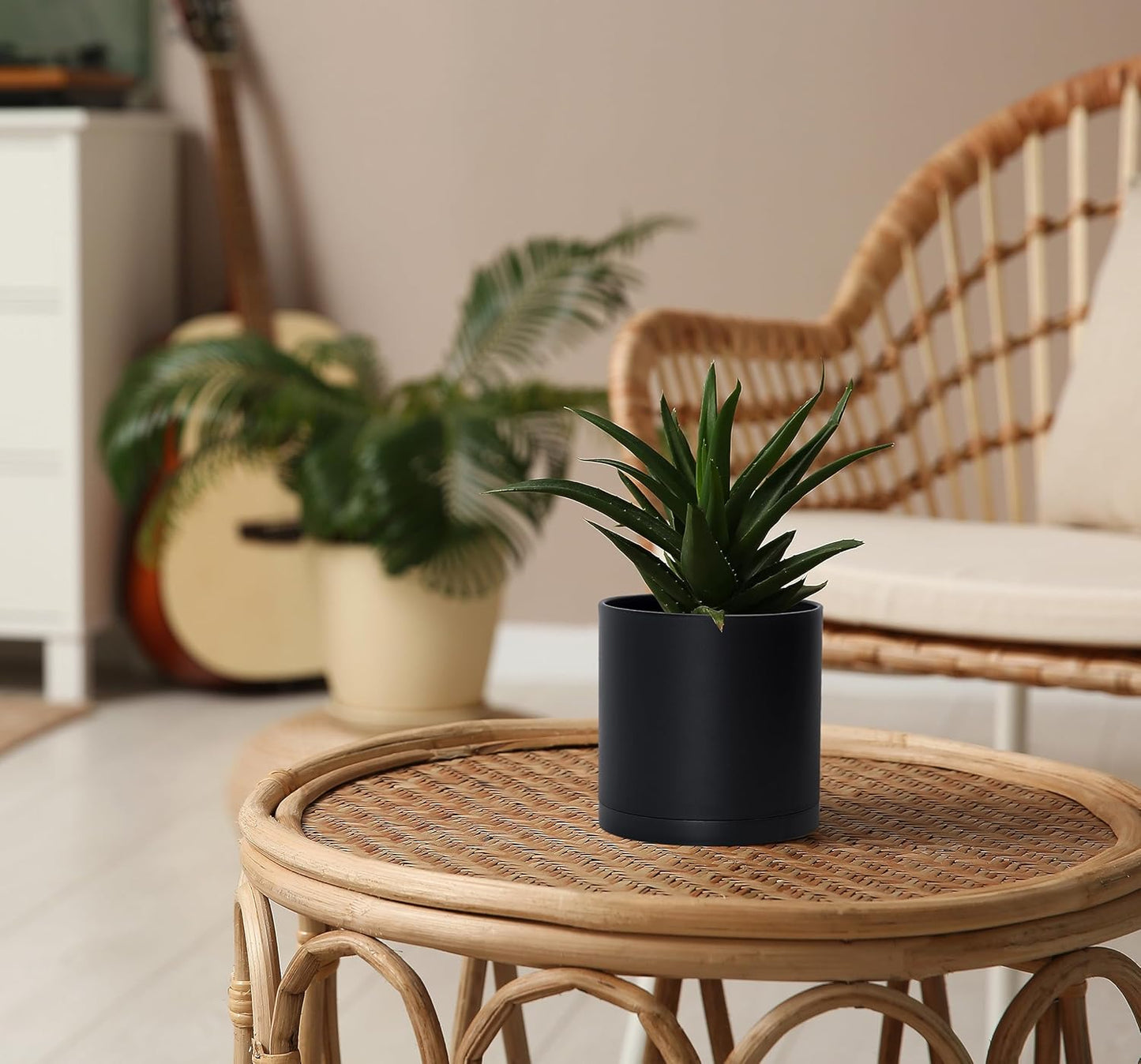 D'vine Dev 4 Pack 5 Inch Modern Plastic Plant Pots, Small Garden Planters for Plant with Drainage Holes and Saucers, Black Color, 74-Y-G-2