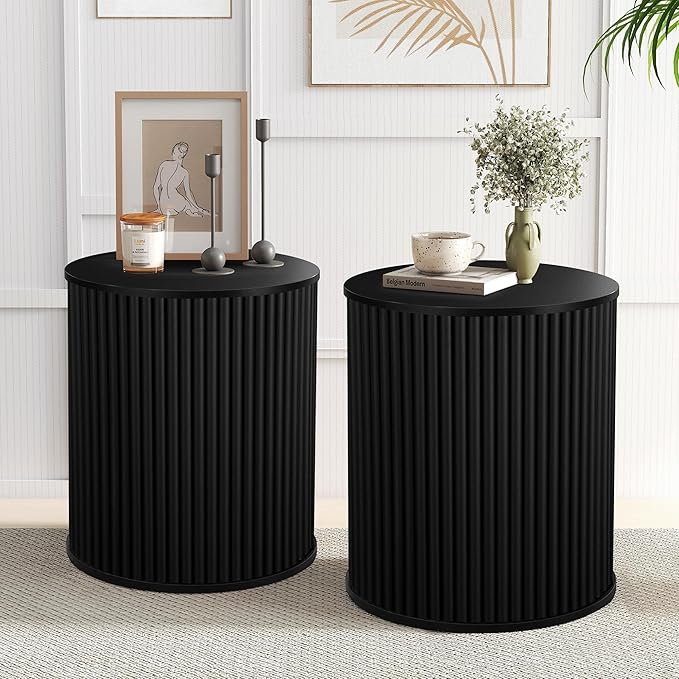 AVZEAR Small Round Side Table Fluted Night Stand Set of 2, Mid Century Modern - Image 9