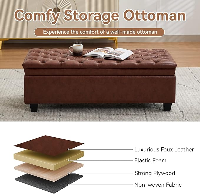 WUTUTUEE 50" Faux Leather Storage Ottoman Bench, Upholstered Rectangle End of - Image 5