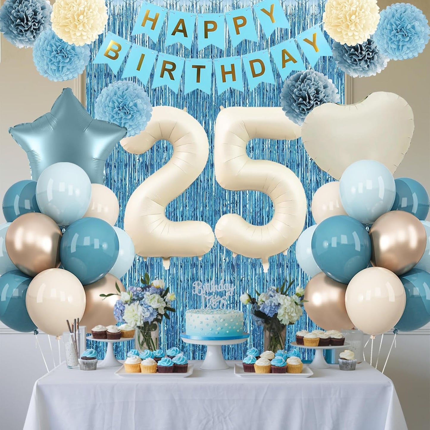 Dusty Blue 25th Birthday Party Decorations for Her Him Beige Cream Number 25 Balloon with Blue Gold Happy Birthday Banner Fringe Curtain Paper Pom Poms Nude White Sand Champagne Star Foil Balloons