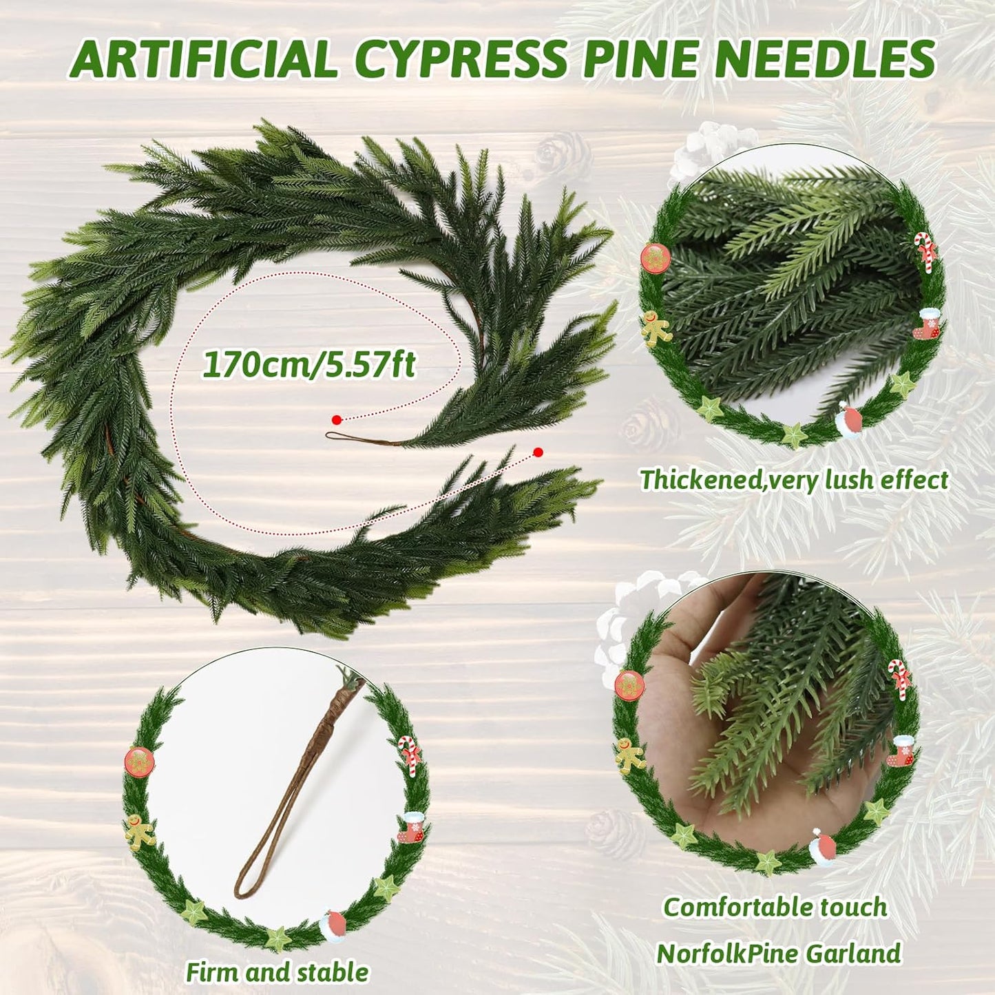 MAKHOT 1-Piece 5.6Ft Artificial Pine Needle Garland, Real Touch Winter Pine Garland, Faux Christmas Garland for Table, Mantle, Wall, Indoor, Outdoor Christmas Decorations