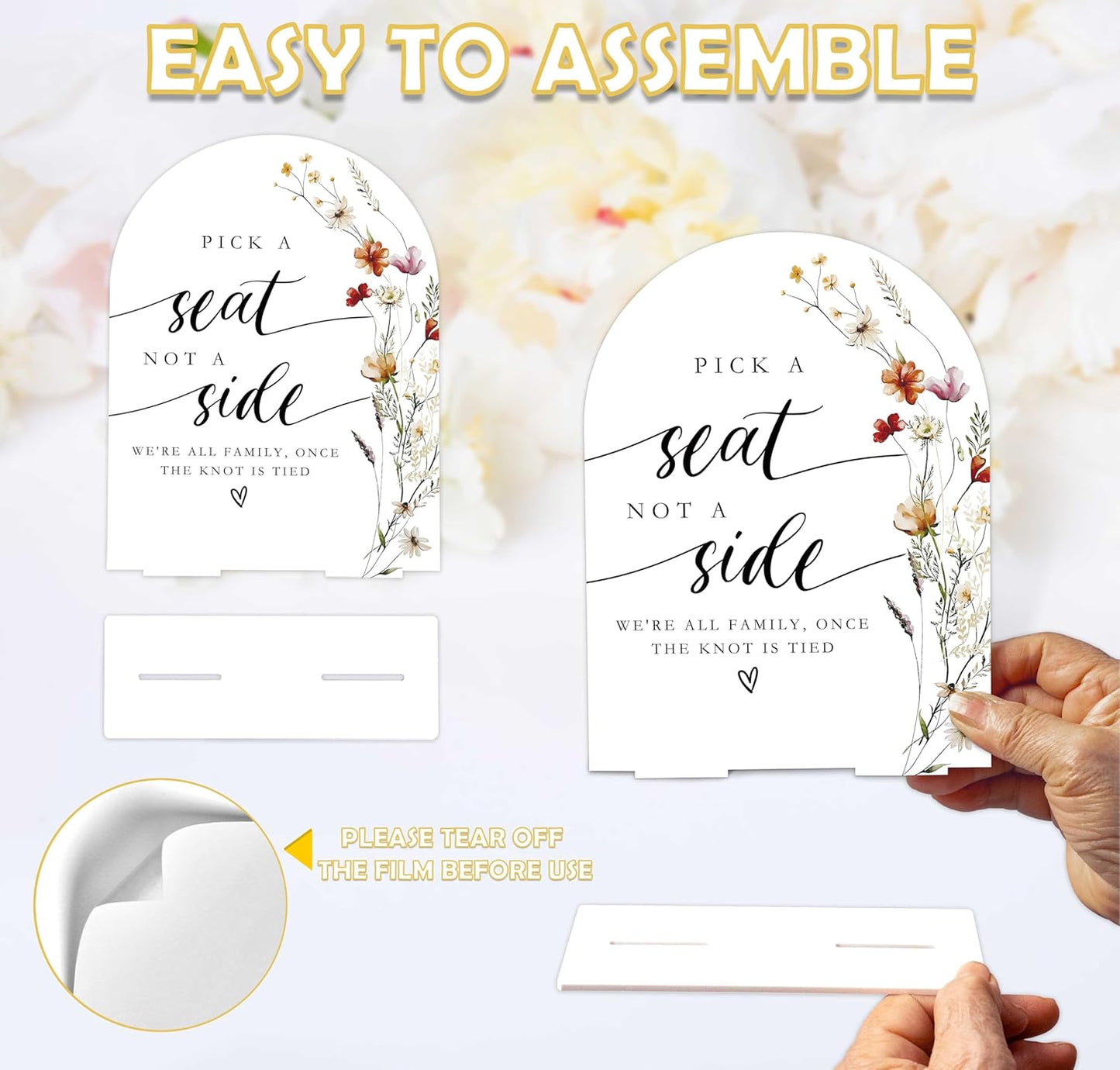 Boho Floral Pick a Seat Not a Side Sign, 6 x 8 Inch White Arch Acrylic Wedding Sign with Holder, Wedding Sign for Ceremony and Reception, Wedding Decoration, Wedding Supplies - BX17