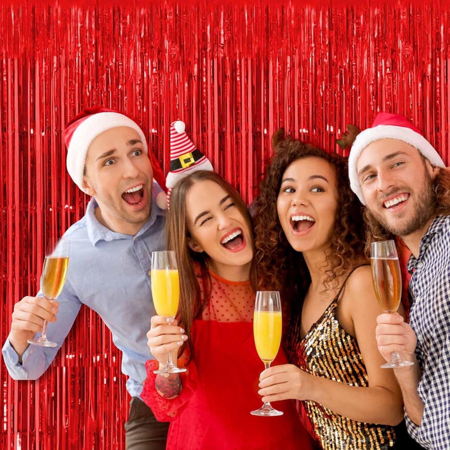 3 Pack Red Foil Fringe Curtains Backdrop, 3.28 x 9.8 Ft Metallic Streamers Tinsel Curtains Background for Photo Booth, Birthday, Halloween, Christmas, Thanksgiving, New Year Party Decorations