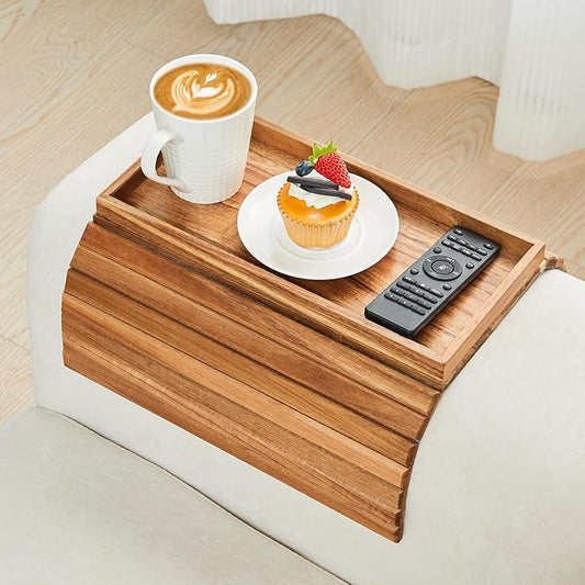 GEHE Acacia Wood Sofa Arm Tray, Foldable Couch Arm Tray Side Table, by GEHE