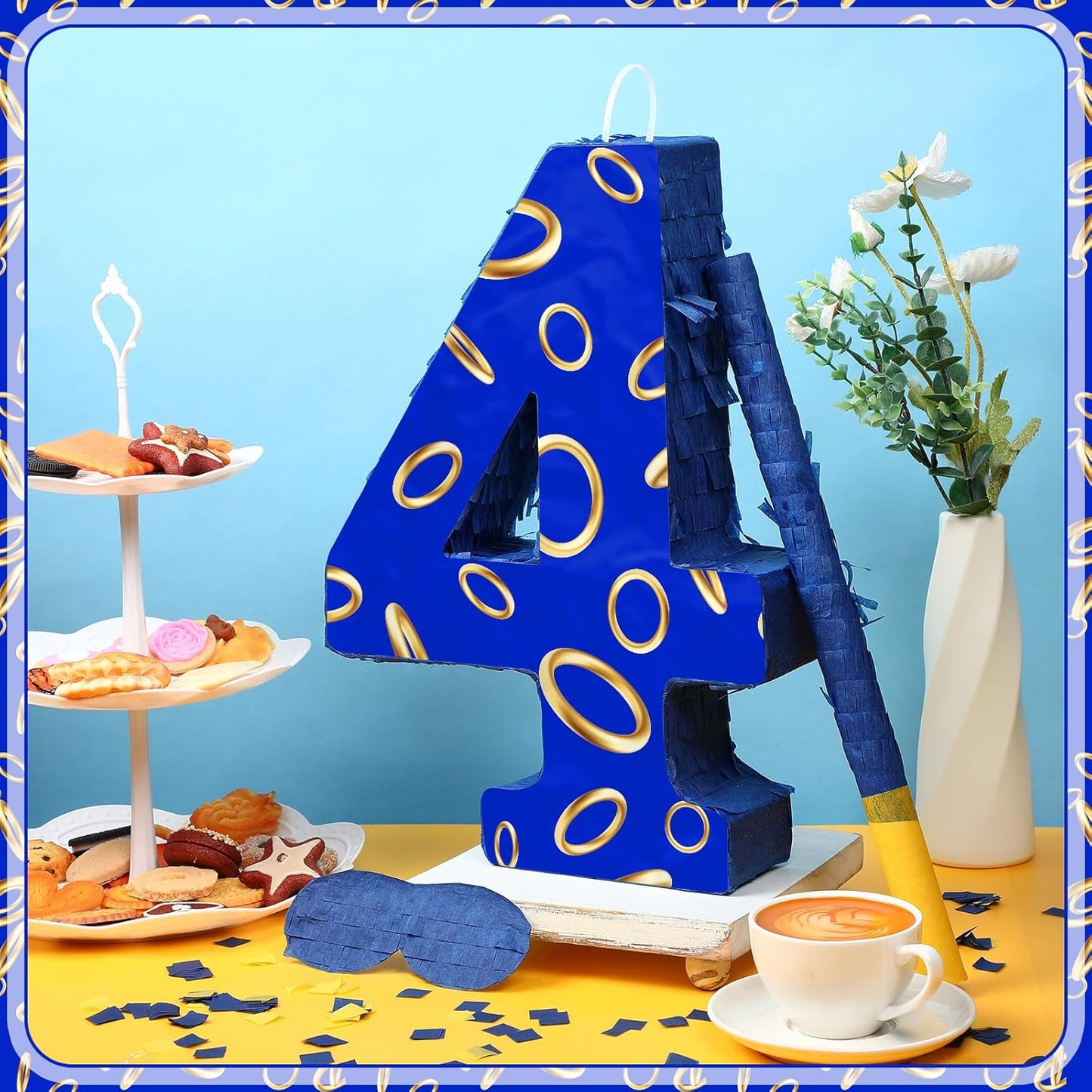 Number 4 Blue and Golden Rings Piñata for Kids Birthday Cartoon Theme Small Piñata with Blindfold Stick Confetti for Fiesta Cinco De Mayo Party Decor, 15.8 x 11 x 2.8 Inch